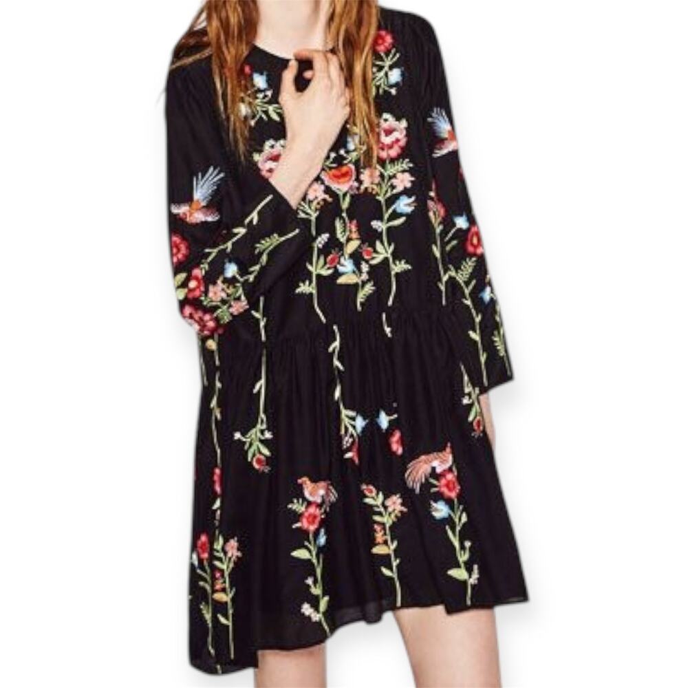 Zara Embroidered‎ Bird & Floral Black Shift Dress Cottagecore Bohemian Sz Small